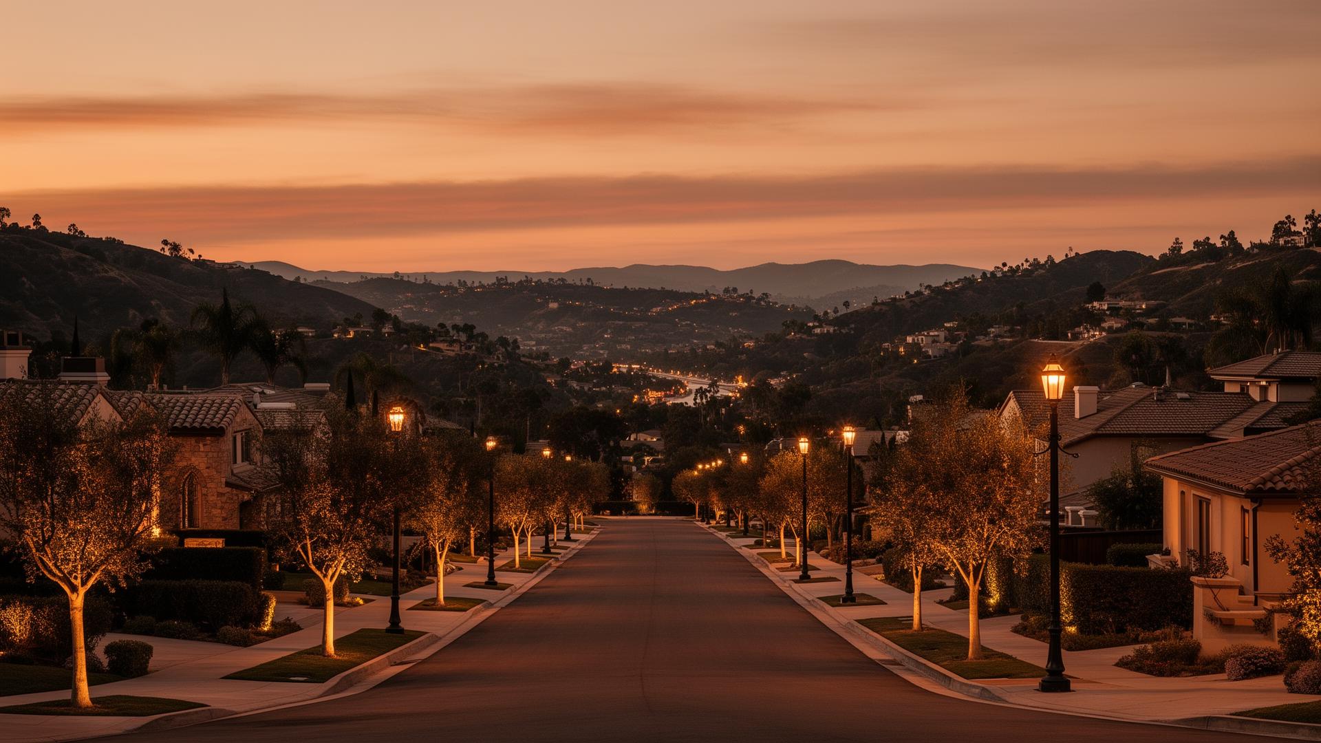 Anaheim Hills streetscape at dusk